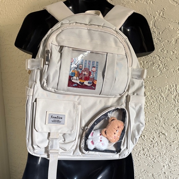YAMTION Other - YAMTION White Backpack with Cute Patches SLEEVES TO PUT SMALL FAVORITE TOY!